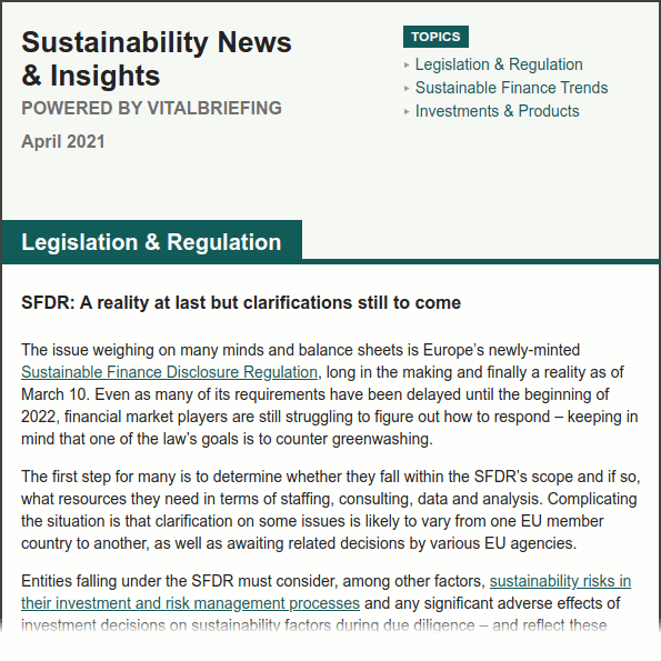 Screenshot of "Sustainability News & Insights" briefing, including header, table of contents and firs few paragraphs. The full text is available in the pop-up lightbox which opens when this image is clicked on.