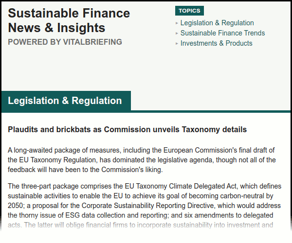 Screenshot of "Sustainable Finance News & Insights" briefing, including header, table of contents and first few paragraphs. The full text is available in the pop-up lightbox which opens when this image is clicked on.