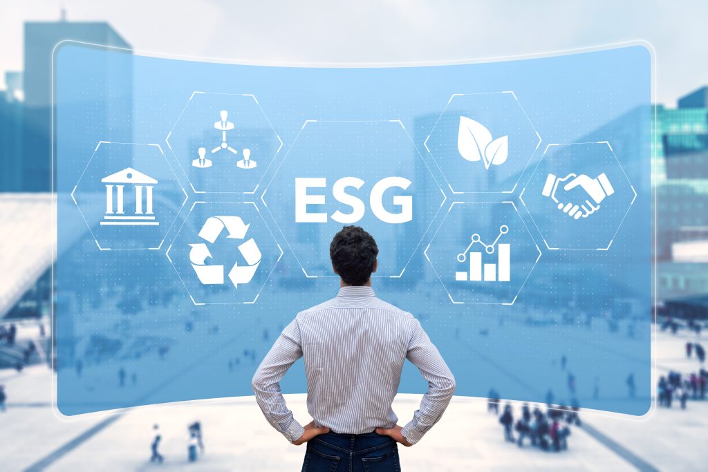 ESG Environmental Social Governance, sustainable development and investment evaluation. Green ethical business preserving resources, reducing CO2, sustainable business practices